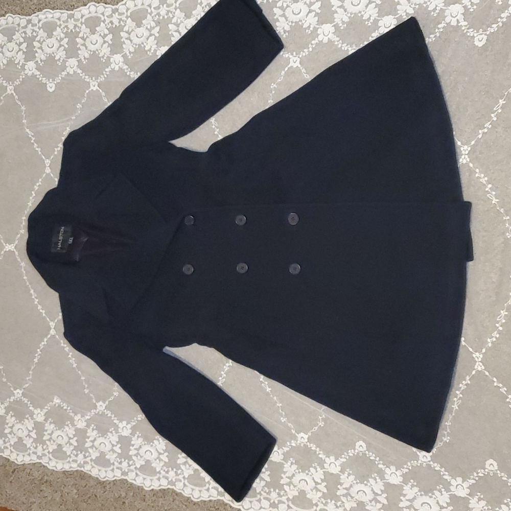 H by Halston | Navy Blue Knotched Collar Knee Length Fit&Flare Peacoat Size 8